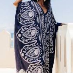 Louis London Luna Kaftan Painsley Navy White Women's Swim Cover-Up Maxi Dress